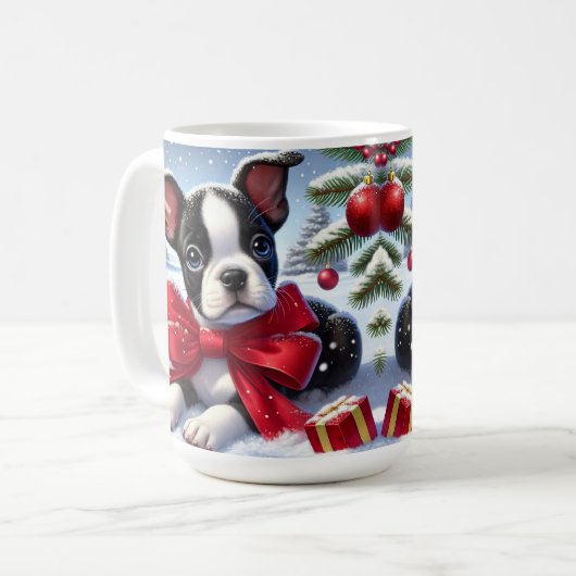 Welpe mit Red Bow in Snowy Christmas Scene Kaffeetasse (Vorderseite Links)