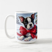Welpe mit Red Bow in Snowy Christmas Scene Kaffeetasse (Links)