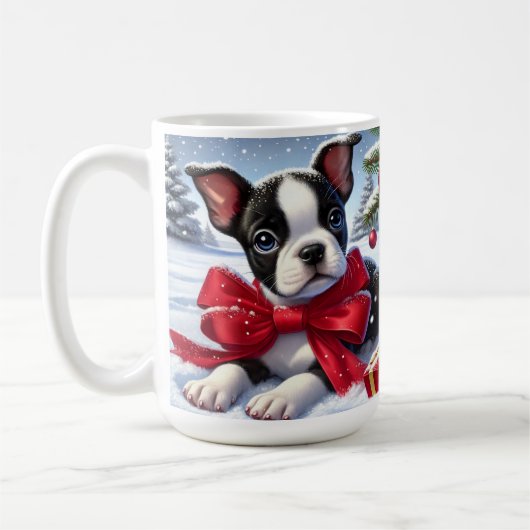 Welpe mit Red Bow in Snowy Christmas Scene Kaffeetasse (Links)