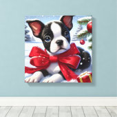 Welpe mit Red Bow in Snowy Christmas Scene Leinwanddruck (Insitu (Holzboden))