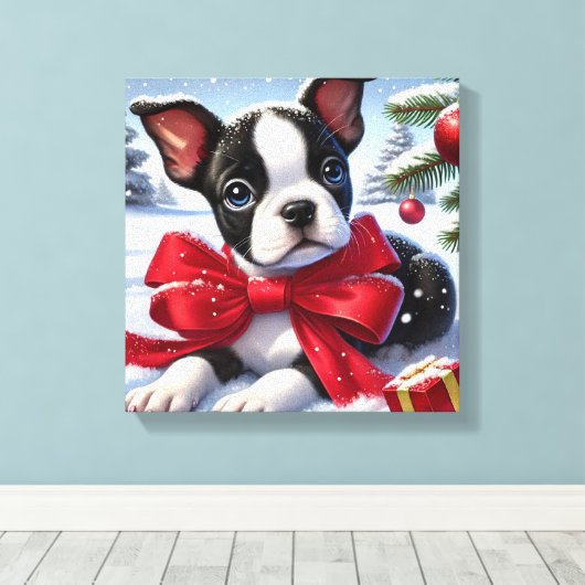 Welpe mit Red Bow in Snowy Christmas Scene Leinwanddruck (Insitu (Holzboden))
