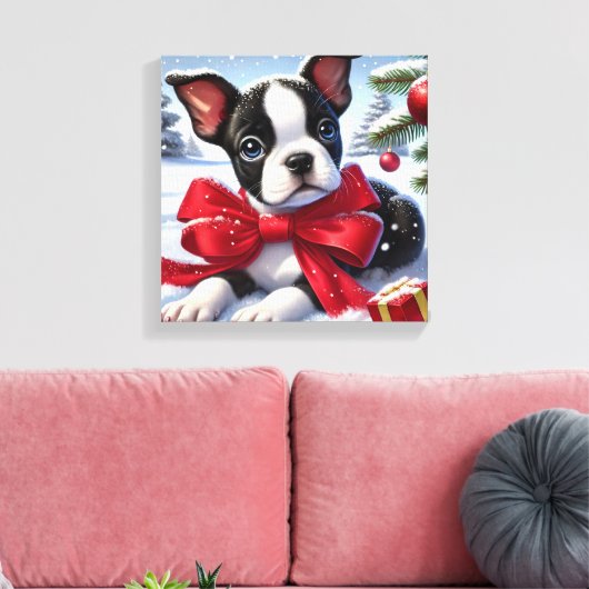 Welpe mit Red Bow in Snowy Christmas Scene Leinwanddruck (Insitu (Wohnzimmer))