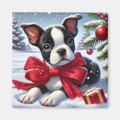 Welpe mit Red Bow in Snowy Christmas Scene Magnet (Vorne)