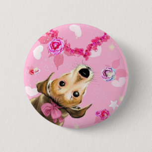 Welpe mit rosa Schleife - Liebe Button