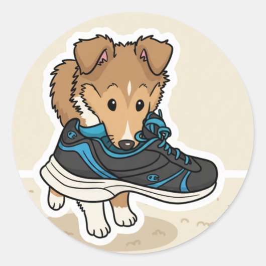 Welpe mit Schuh Runder Aufkleber (Vorderseite)
