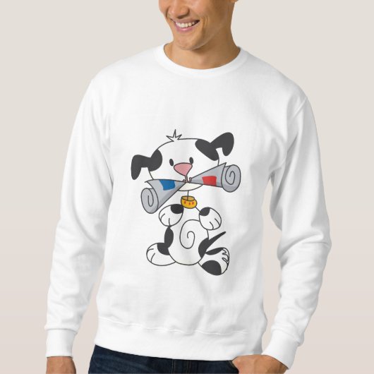 Welpe mit Zeitungs-T - Shirts und Geschenken (Vorderseite)