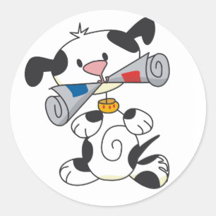 Welpe mit Zeitungsgeschenken und T - Shirt Runder Aufkleber