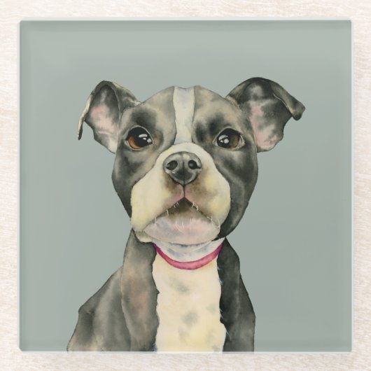 "Welpe mustert" Pitbull-HundeAquarell-Malerei Glasuntersetzer (Vorderseite)