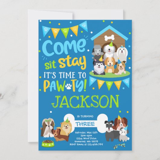 Welpe Party Einladung Hoggy Birthday Pawty Boy (Vorderseite)