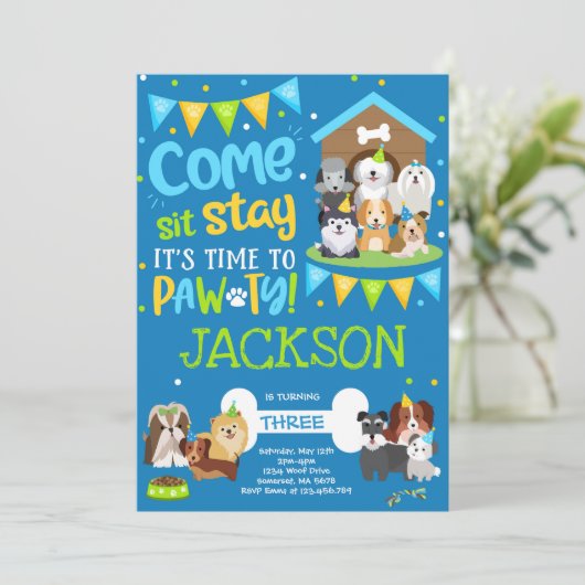 Welpe Party Einladung Hoggy Birthday Pawty Boy (Stehend Vorderseite)