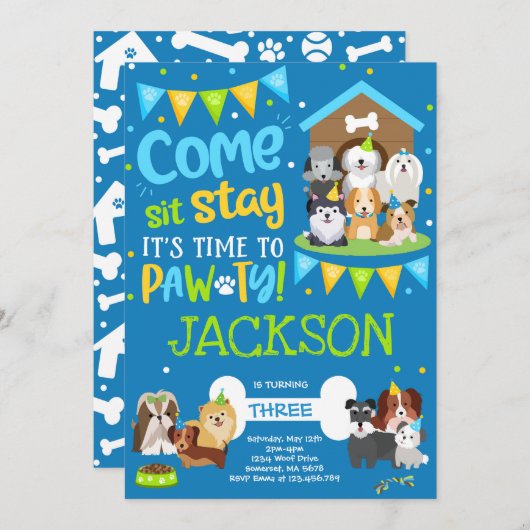 Welpe Party Einladung Hoggy Birthday Pawty Boy (Vorne/Hinten)