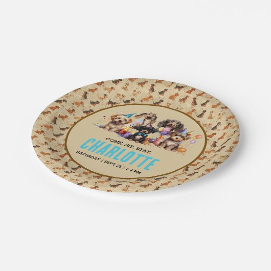 Welpe Pawty Dog Geburtstag Pappteller (Schrägansicht)