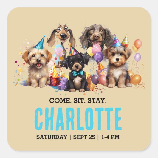 Welpe Pawty Dog Geburtstag Quadratischer Aufkleber (Vorderseite)