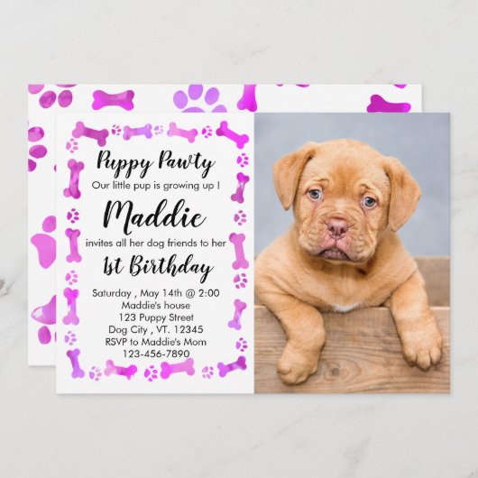 Welpe Pawty - Pink Girl Pet - Hund Birthday Puppy Einladung (Vorne/Hinten)