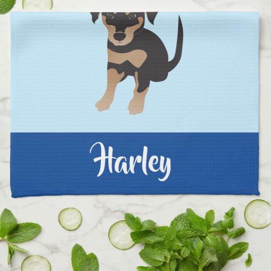 Welpe personalizable Dog Name Blau Geschirrtuch (Gefaltet)