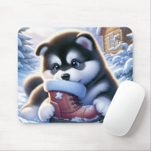 Welpe spielt mit einem schneebedeckten Winterstief Mousepad