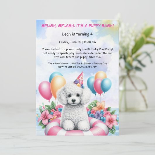 Welpe Splash Birthday Pool Party Einladung (Stehend Vorderseite)