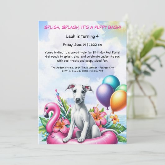 Welpe Splash Birthday Pool Party Einladung (Stehend Vorderseite)