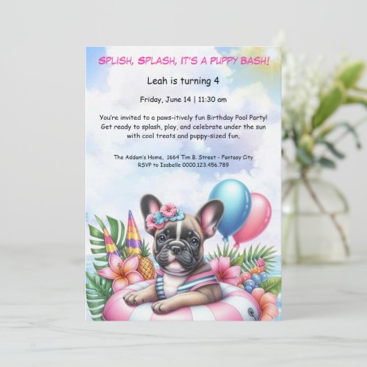 Welpe Splash Birthday Pool Party Einladung (Stehend Vorderseite)