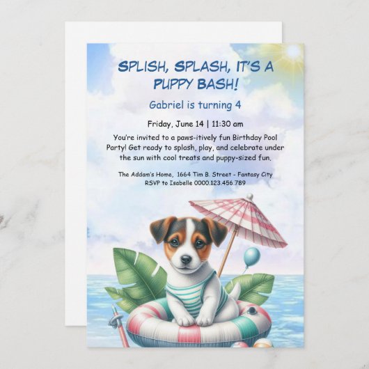 Welpe Splash Birthday Pool Party Einladung (Vorne/Hinten)