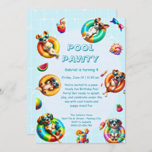 Welpe Splash Birthday Pool Party Einladung (Vorne/Hinten)
