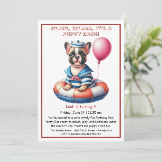 Welpe Splash Birthday Pool Party Einladung (Stehend Vorderseite)