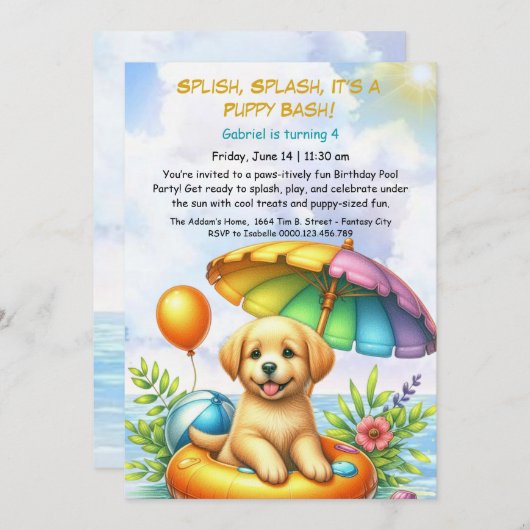 Welpe Splash Birthday Pool Party Einladung (Vorne/Hinten)