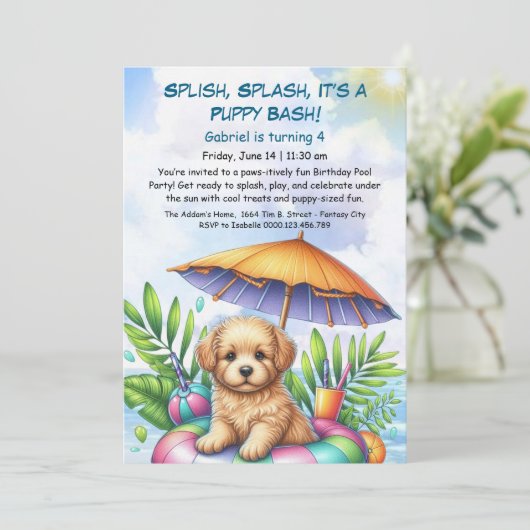 Welpe Splash Birthday Pool Party Einladung (Stehend Vorderseite)