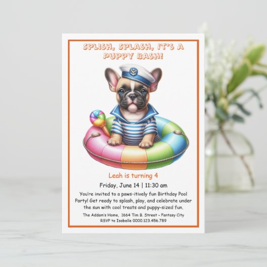Welpe Splash Birthday Pool Party Einladung (Stehend Vorderseite)
