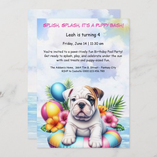 Welpe Splash Birthday Pool Party Einladung (Vorne/Hinten)