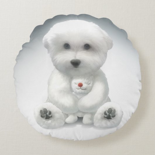 Welpe umarmt sein Spielzeug Rundes Kissen (Vorderseite)