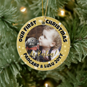 Welpe und Baby's 1. Weihnachts Foto Gold Border Keramik Ornament