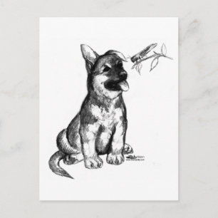 Welpe und Heuschrecke Postkarte