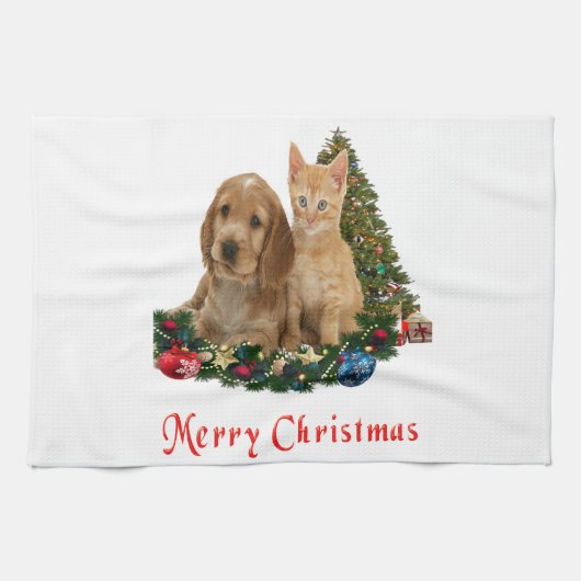 Welpe und Kätzchen Weihnachtsküche Handtuch (Horizontal)