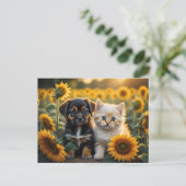 Welpe und Kätzchen zusammen mit Sonnenblumen Postkarte (Stehend Vorderseite)