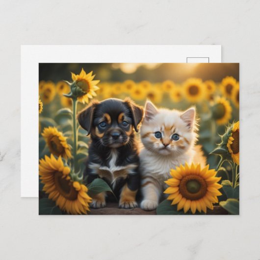 Welpe und Kätzchen zusammen mit Sonnenblumen Postkarte (Vorne/Hinten)
