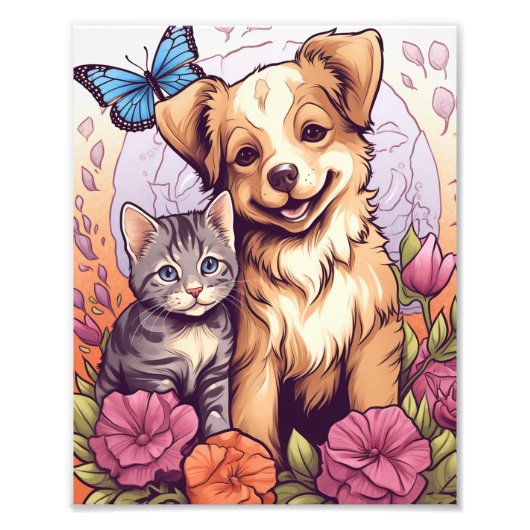 Welpe und Kitten, Schmetterling und Blume Fotodruck (Vorne)