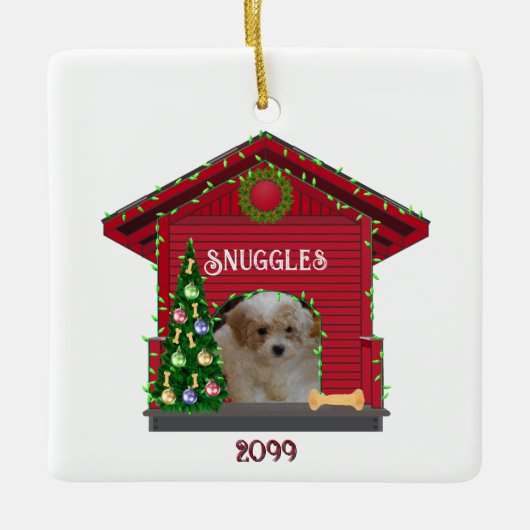 Welpe Upload Foto Decorated Dog House Weihnachten Keramikornament (Vorderseite)
