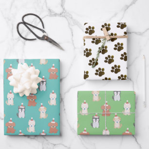 Welpe Weihnachtsmannmütze Blauer Weihnachtsfeierta Geschenkpapier Set