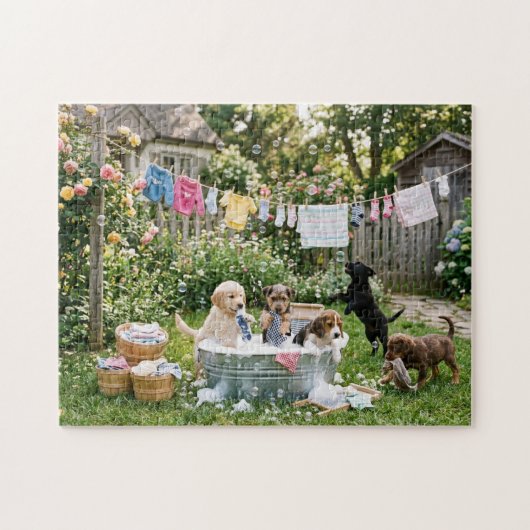 Welpen beim Wäschewaschen Puzzle (Horizontal)