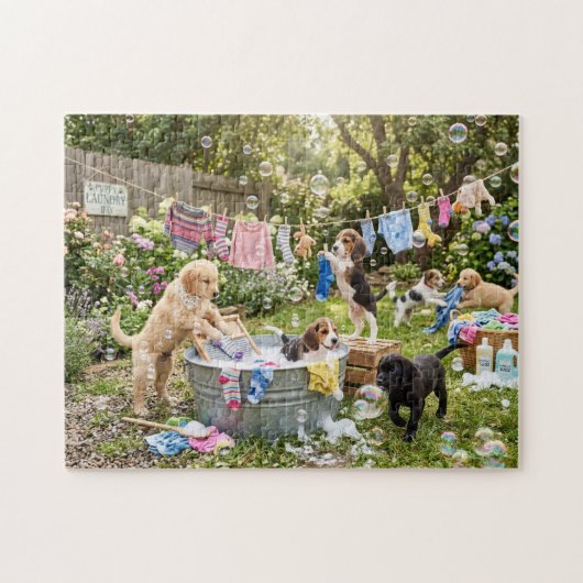 Welpen beim Wäschewaschen Puzzle (Horizontal)