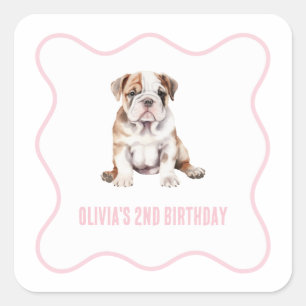 Welpen Bulldogge preppy rosa Karo Geburtstag Quadratischer Aufkleber