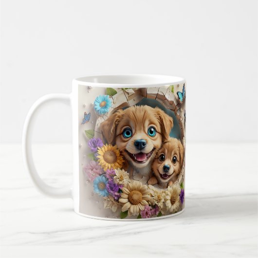 Welpen der Mutter umgeben von farbenfroher Blume Kaffeetasse (Links)