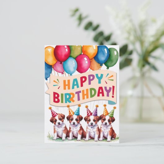 Welpen glücklich zum Geburtstag Postkarte (Stehend Vorderseite)