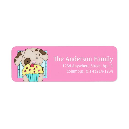 Welpen Hund mit Cupcake Geburtstagsadresse Labels  (Vorne)