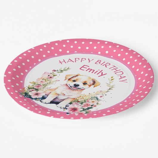 Welpen Hund zum Personalisierten Geburtstag Pappteller (Schrägansicht)