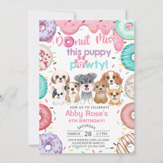 Welpen Hundeparty & Donuts Mädchen Geburtstagseinl Einladung (Vorderseite)