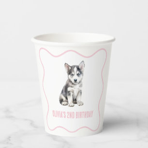 Welpen Husky Preppy rosa kariert Geburtstag Pappbecher