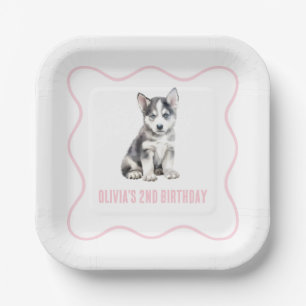 Welpen Husky Preppy rosa kariert Geburtstag Pappteller