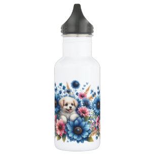 Welpen in farbenfrohen Blume weiß Edelstahlflasche